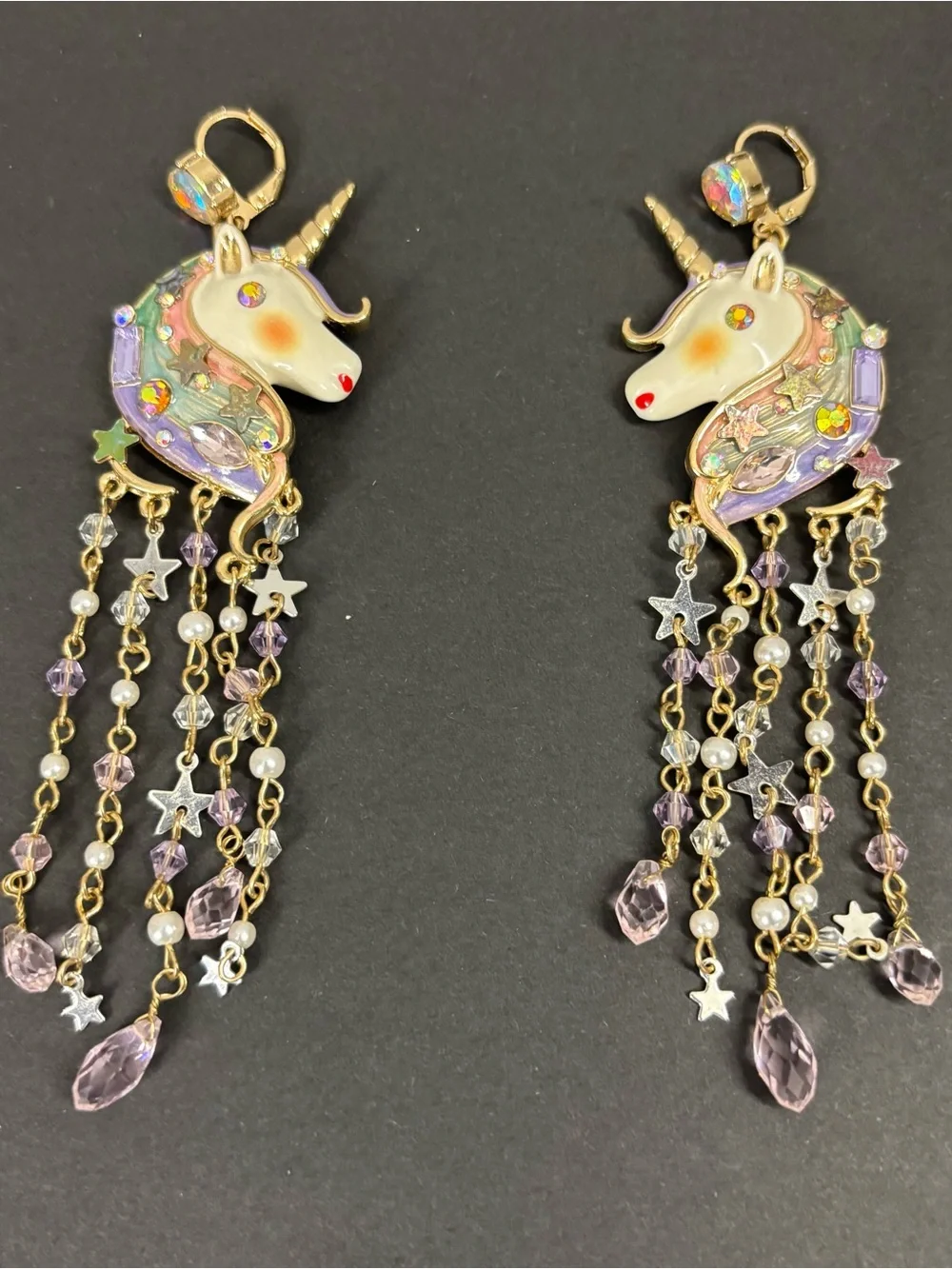 Betsey Johnson Gold-Tone Crystal & Bead Imitation Pearl Unicorn Fringe Earrings